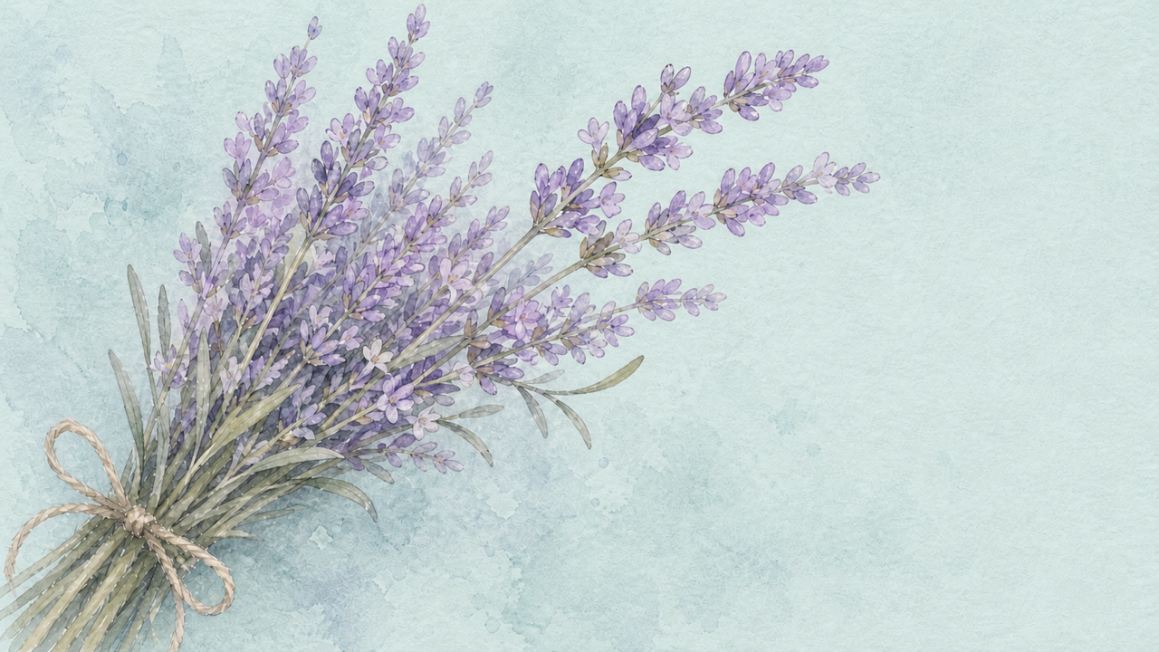 Watercolor lavender sprigs leaning into calm mist-blue light for Anxiety