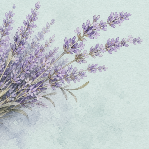 Watercolor lavender sprigs leaning into calm mist-blue light for Anxiety
