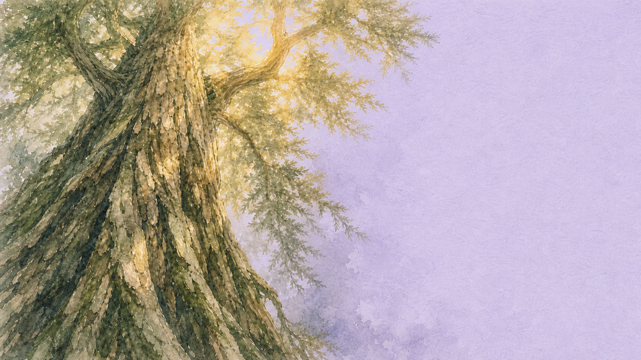 Watercolor cedar tree trunk rising into warm gold light for Fear of the Lord