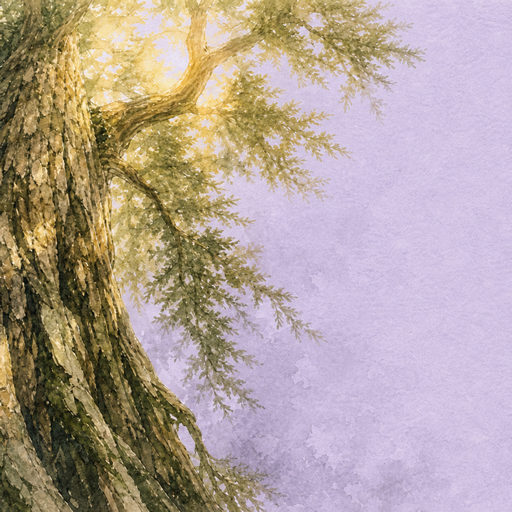Watercolor cedar tree trunk rising into warm gold light for Fear of the Lord