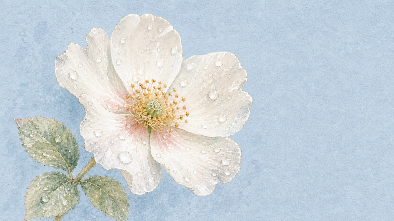 Watercolor rain-washed white blossom with dew for Forgiveness