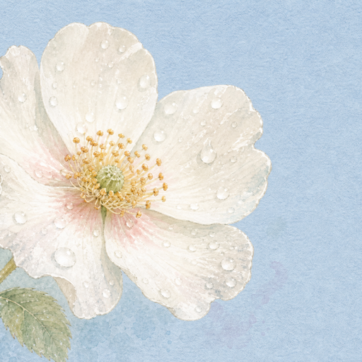 Watercolor rain-washed white blossom with dew for Forgiveness