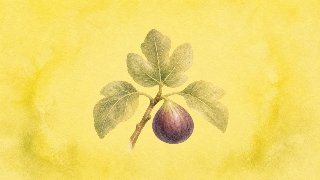 Centered watercolor ripe fig on a leafy branch for Goodness