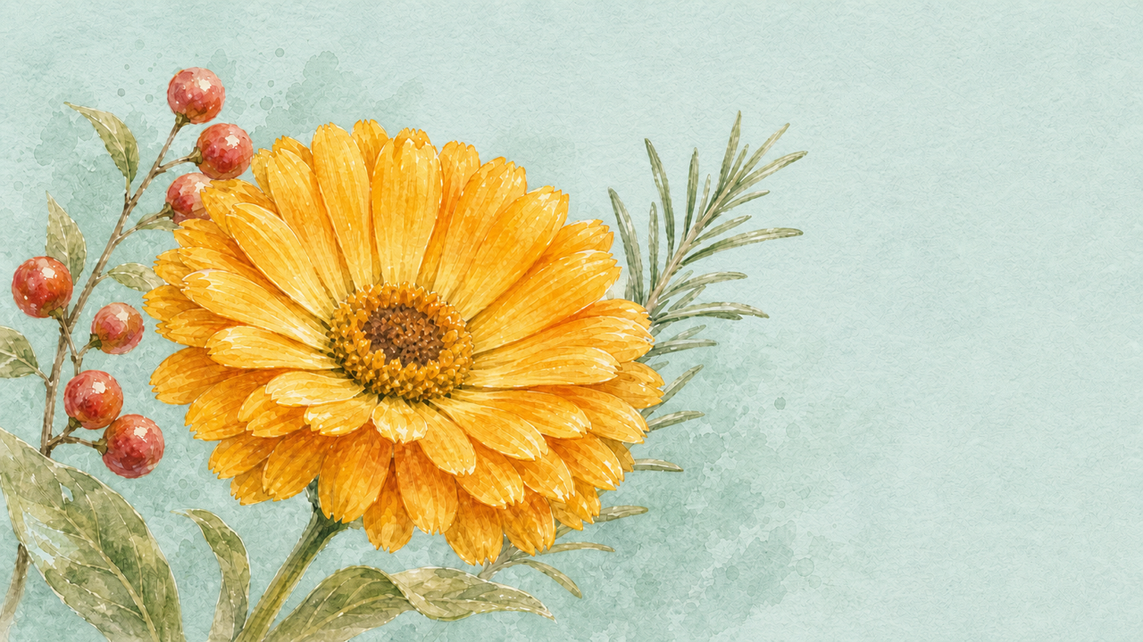 Watercolor golden calendula with berries and herbs for Gratitude