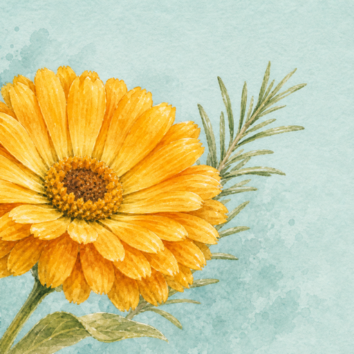 Watercolor golden calendula with berries and herbs for Gratitude