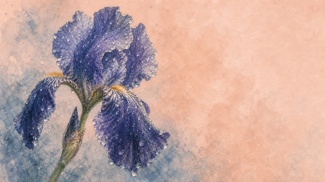 Watercolor rain-washed indigo iris standing resiliently for Suffering