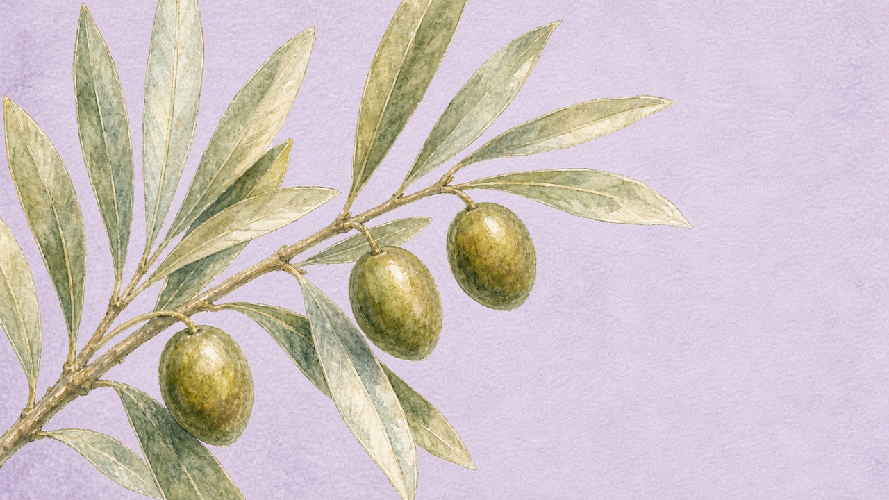 Watercolor silver-green olive branch with small olives for Wisdom